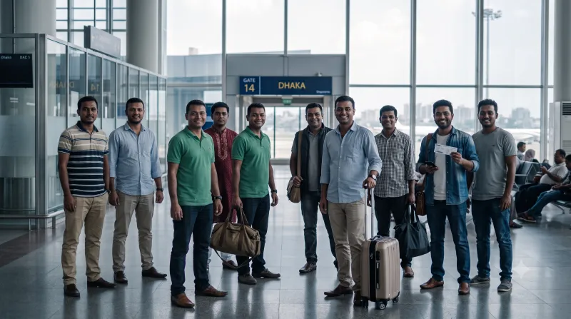 Workers with luggage at a Dhaka airport departure gate, bound for Malaysia.