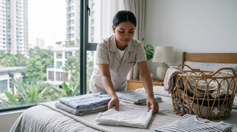 A domestic helper folding laundry in a Malaysian apartment bedroom.