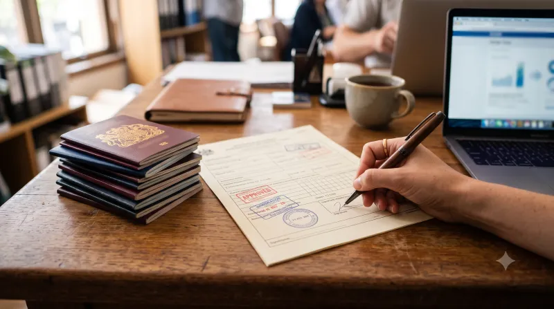 Passports stacked beside a stamped permit form being signed at a desk.